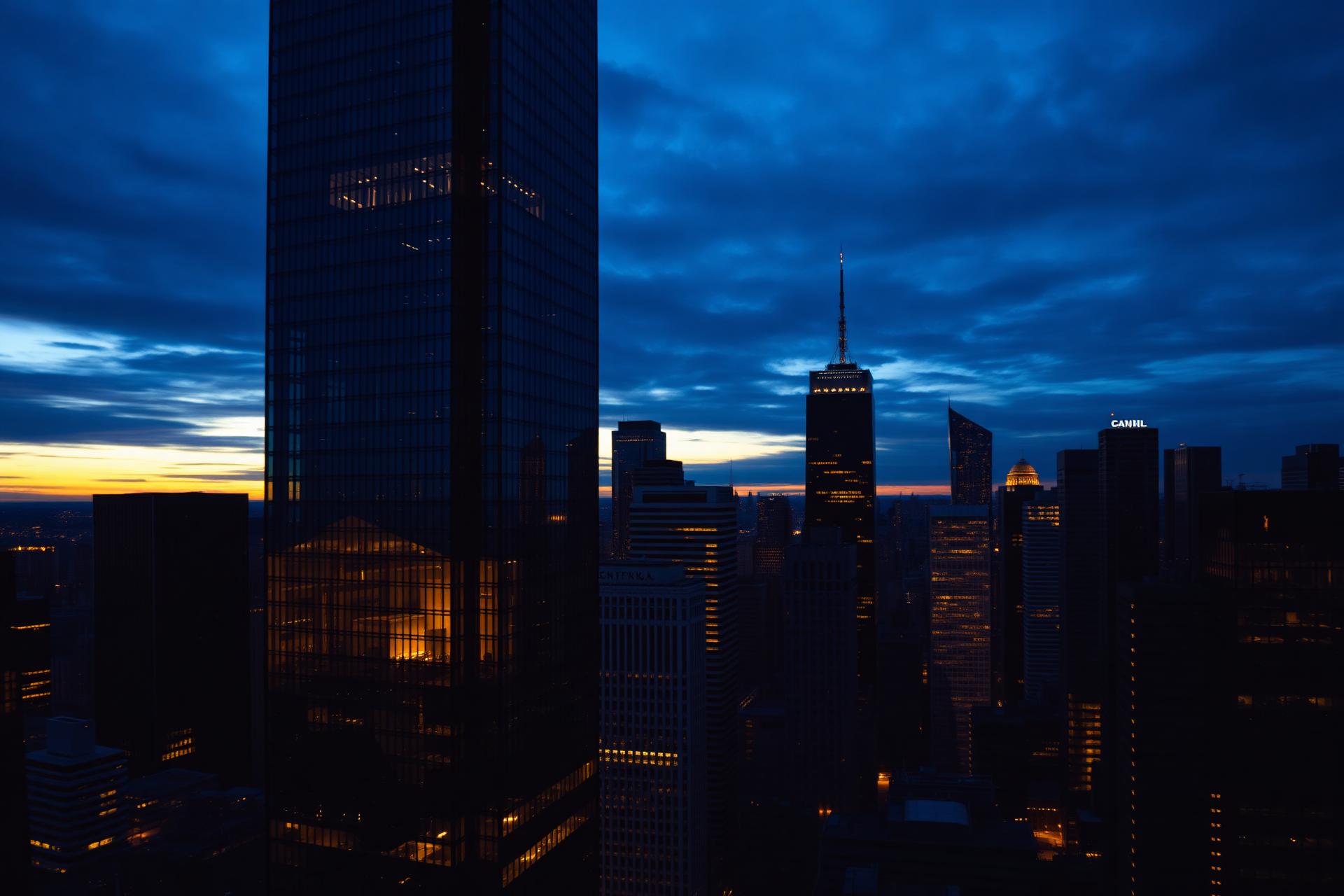 Modern financial district skyline at dusk
